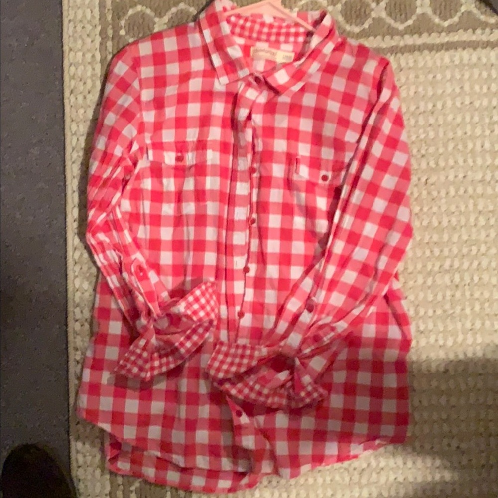 Pink and white plaid button down